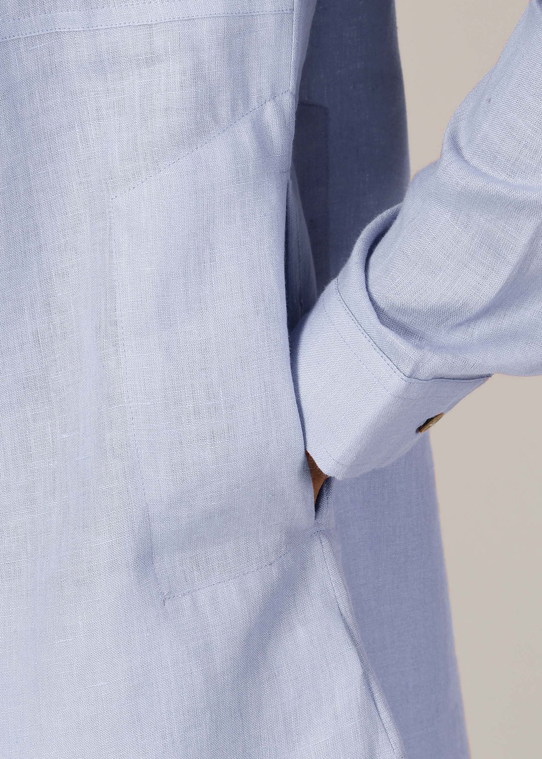 Marvel - Full Sleeve Mandarin Collar Pure Linen Kurta - Periwinkle Blue