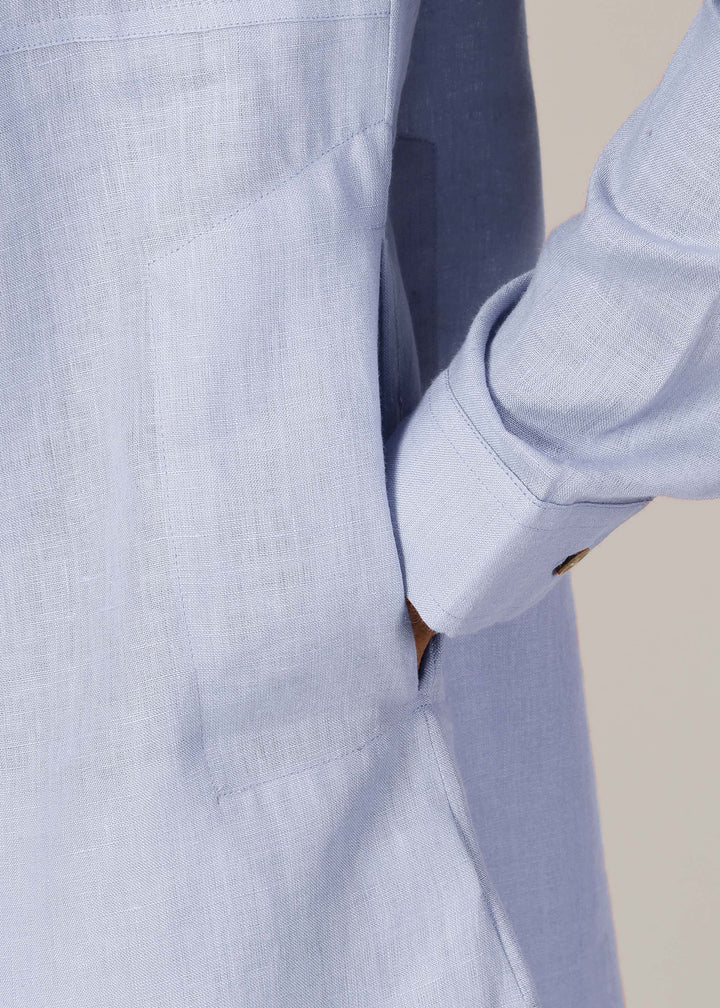 Marvel - Full Sleeve Mandarin Collar Pure Linen Kurta - Periwinkle Blue