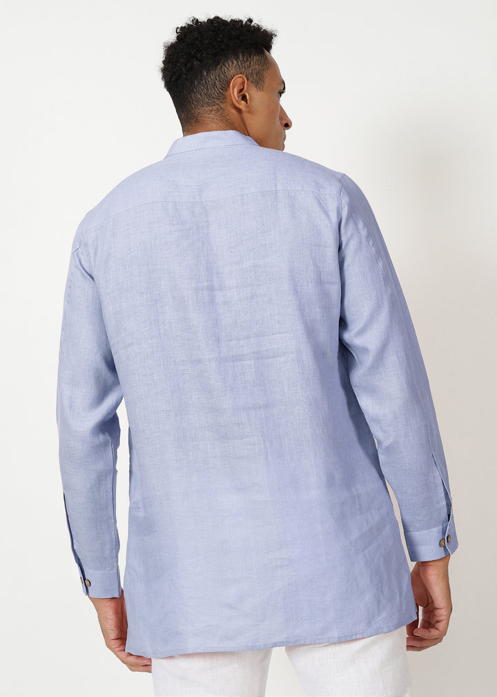 Marvel - Full Sleeve Mandarin Collar Pure Linen Kurta - Periwinkle Blue
