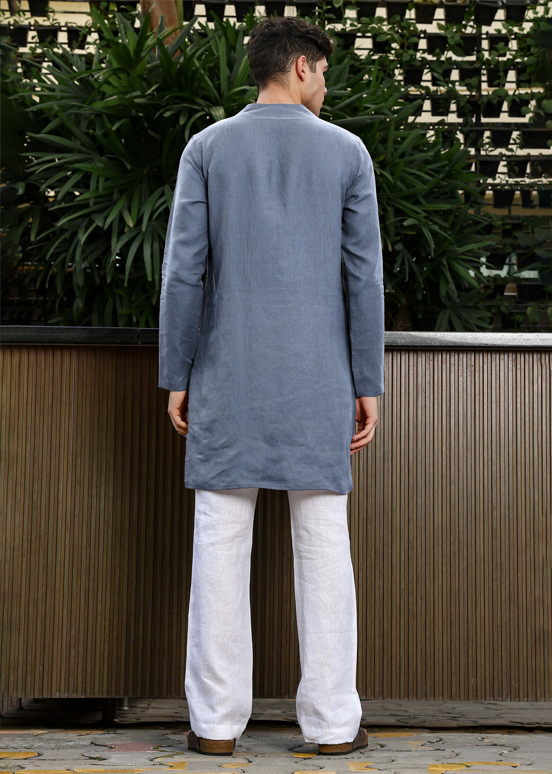 Marz - Full Sleeve No Collar Pure Linen Kurta - Blue Grey