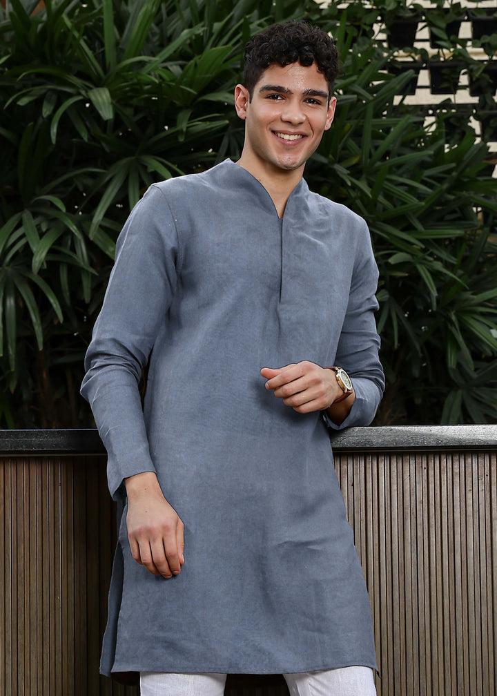 Marz - Full Sleeve No Collar Pure Linen Kurta - Blue Grey