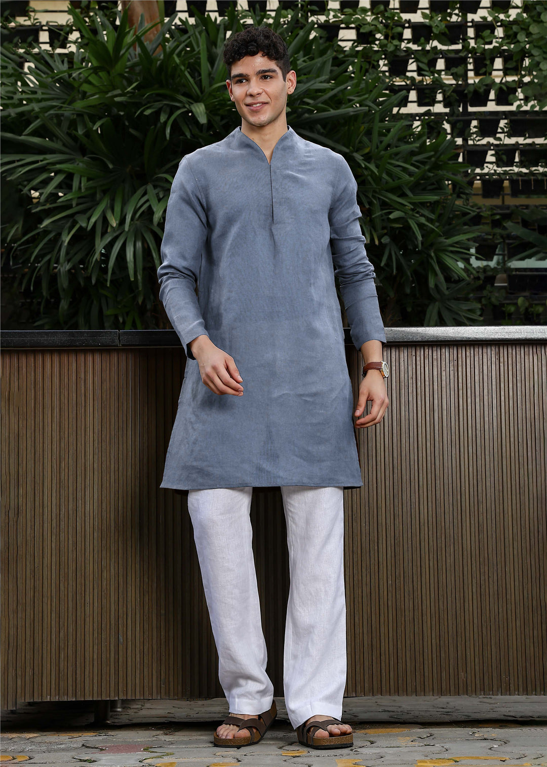 Marz - Full Sleeve No Collar Pure Linen Kurta - Blue Grey