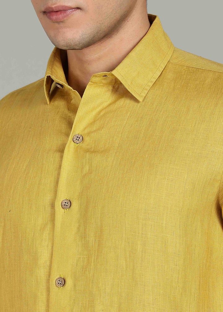 a 100% pure linen sunburst yellow full sleeve shirt in 60 LEA with buttons on a gray background