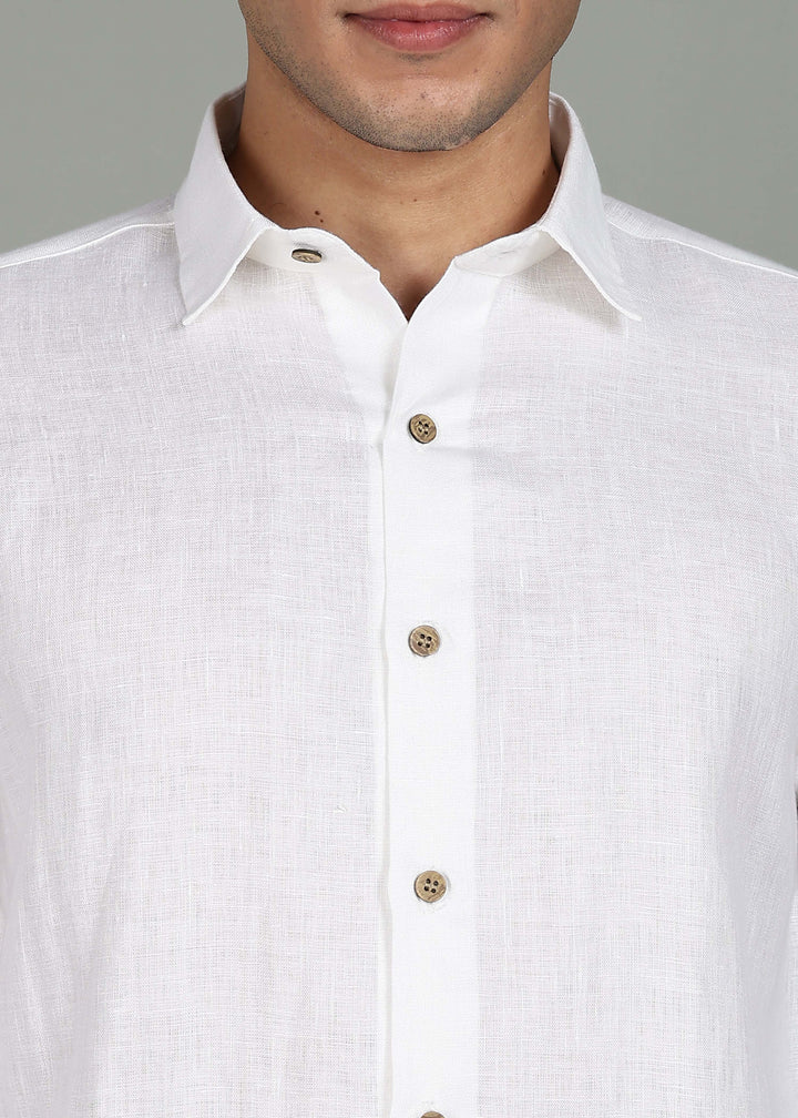 Man wearing a 100% pure linen White full sleeve shirt in 60 LEA against a gray background