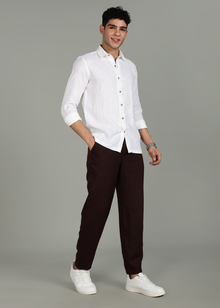 Man wearing a 100% pure linen White full sleeve shirt in 60 LEA against a gray background