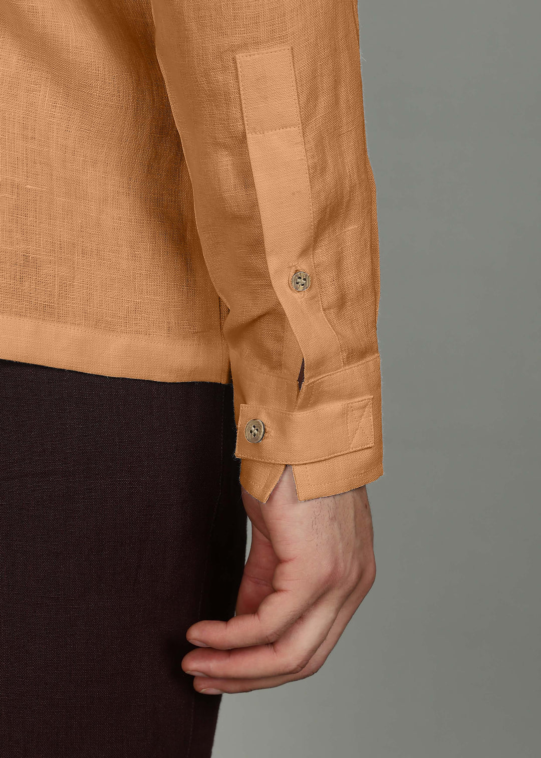 Miles - Pure Linen Shirt with Extended Cuff Detail - Mustard Brown