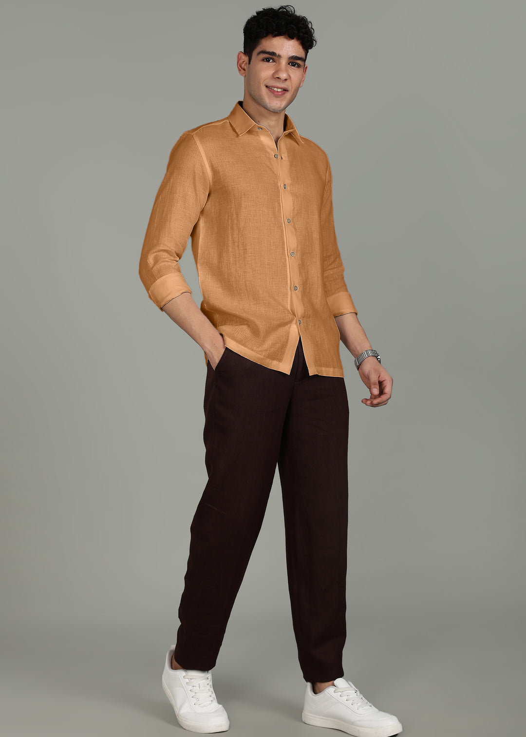 Miles - Pure Linen Shirt with Extended Cuff Detail - Mustard Brown