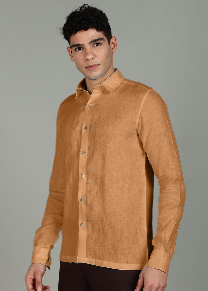 Miles - Pure Linen Shirt with Extended Cuff Detail - Mustard Brown