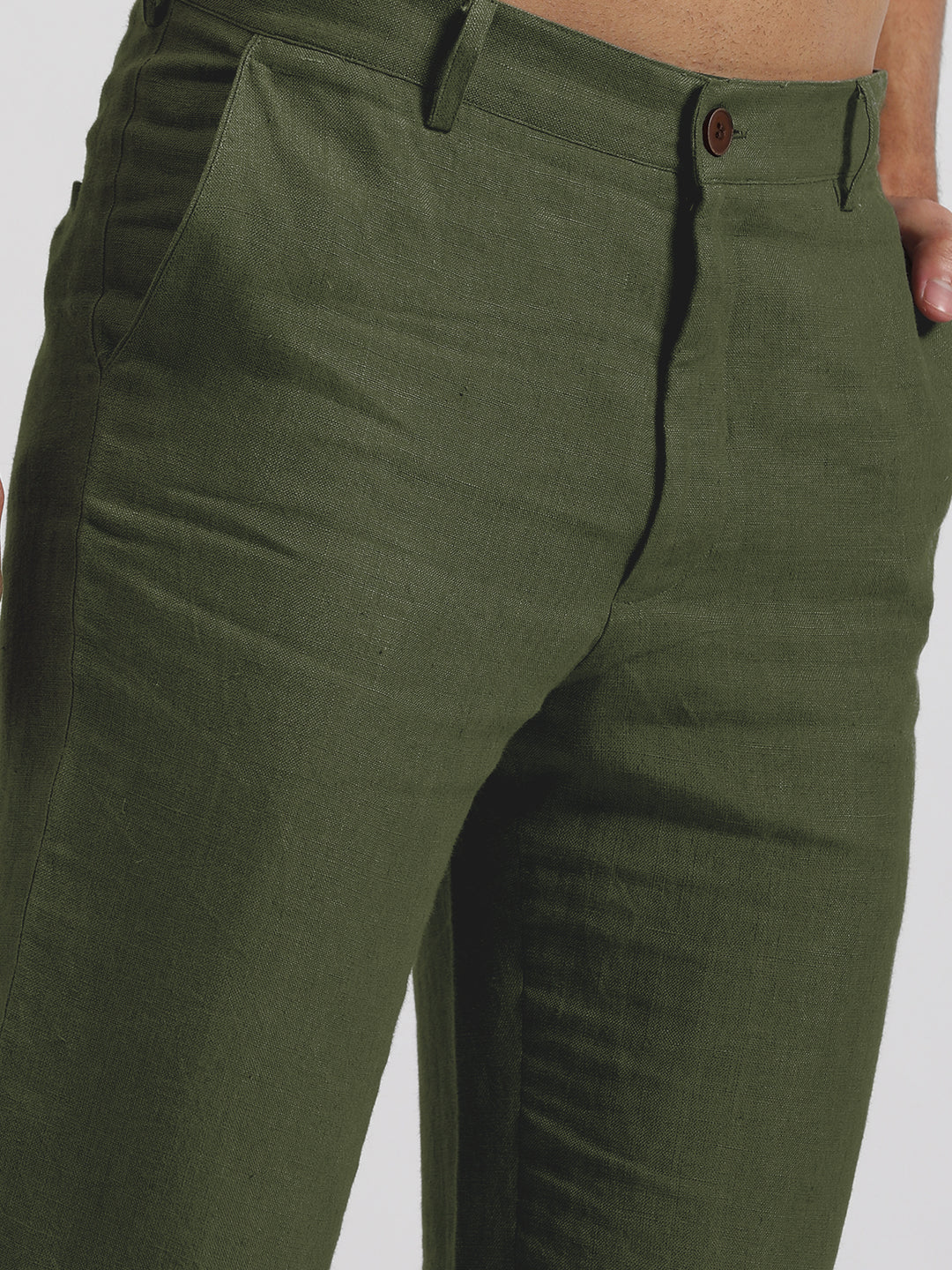 Ian Pure Linen Trousers - Military Green