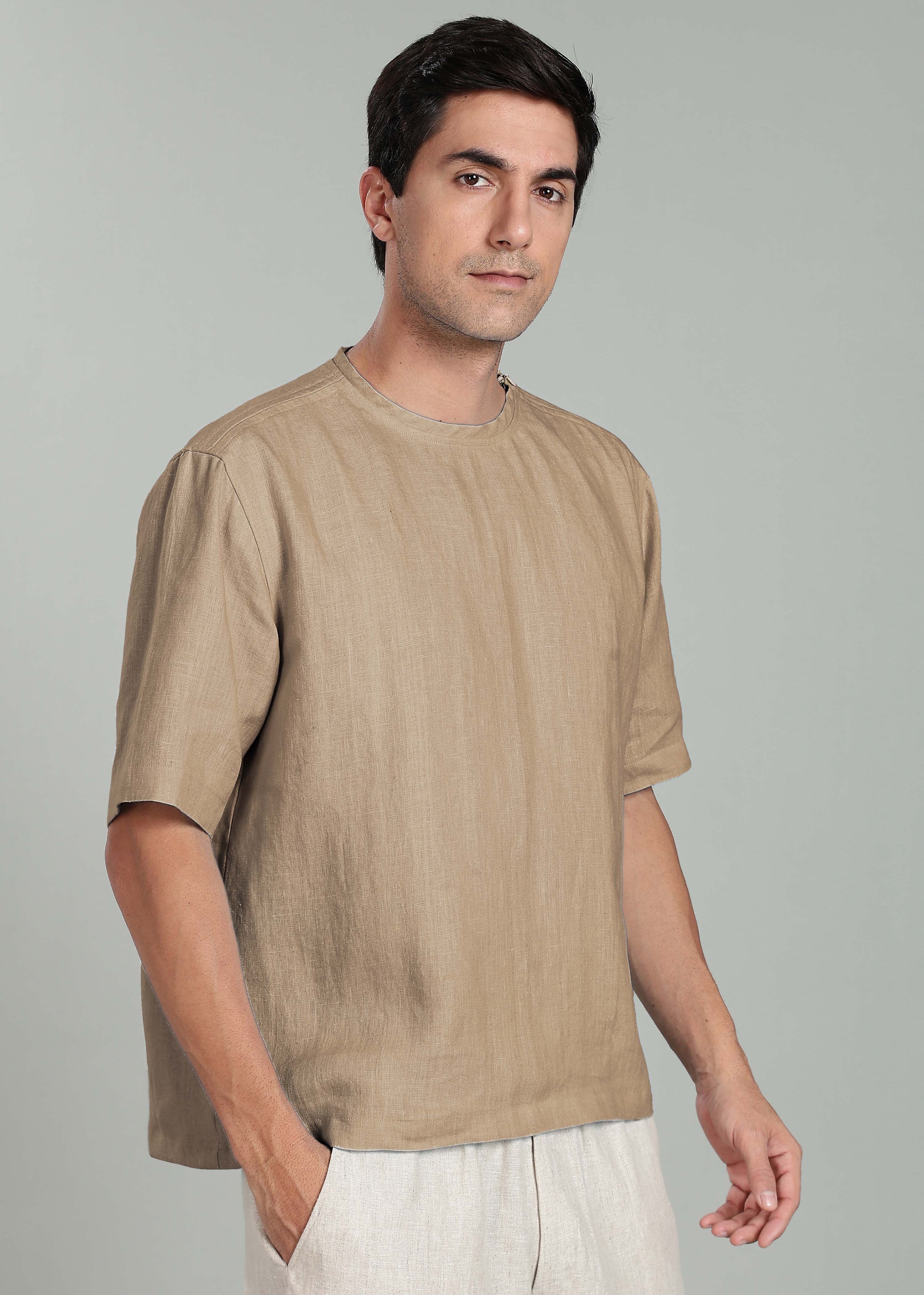 Nash - Pure Linen Oversized T shirt in 25 LEA - Light Hazelnut