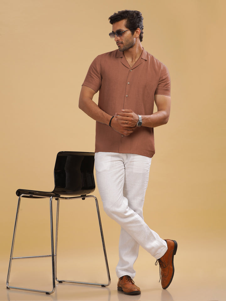 Nathan - Cuban Collar Pure Linen Half Sleeve Shirt -Fondue Pink