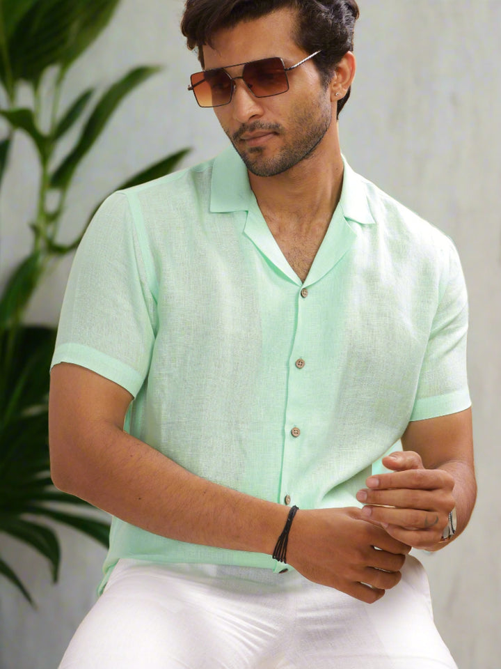 Nathan - Cuban Collar Pure Linen Half Sleeve Shirt - Mint Green