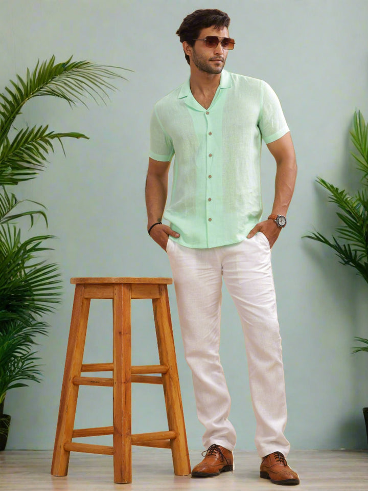 Nathan - Cuban Collar Pure Linen Half Sleeve Shirt - Mint Green