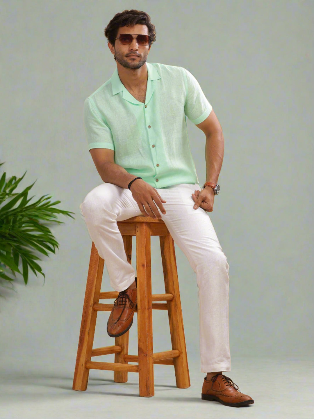 Nathan - Cuban Collar Pure Linen Half Sleeve Shirt - Mint Green