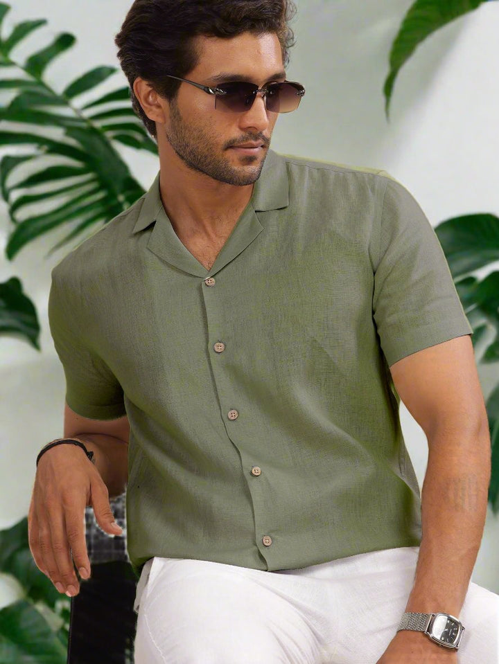 Nathan - Cuban Collar Pure Linen Half Sleeve Shirt - Olive Green