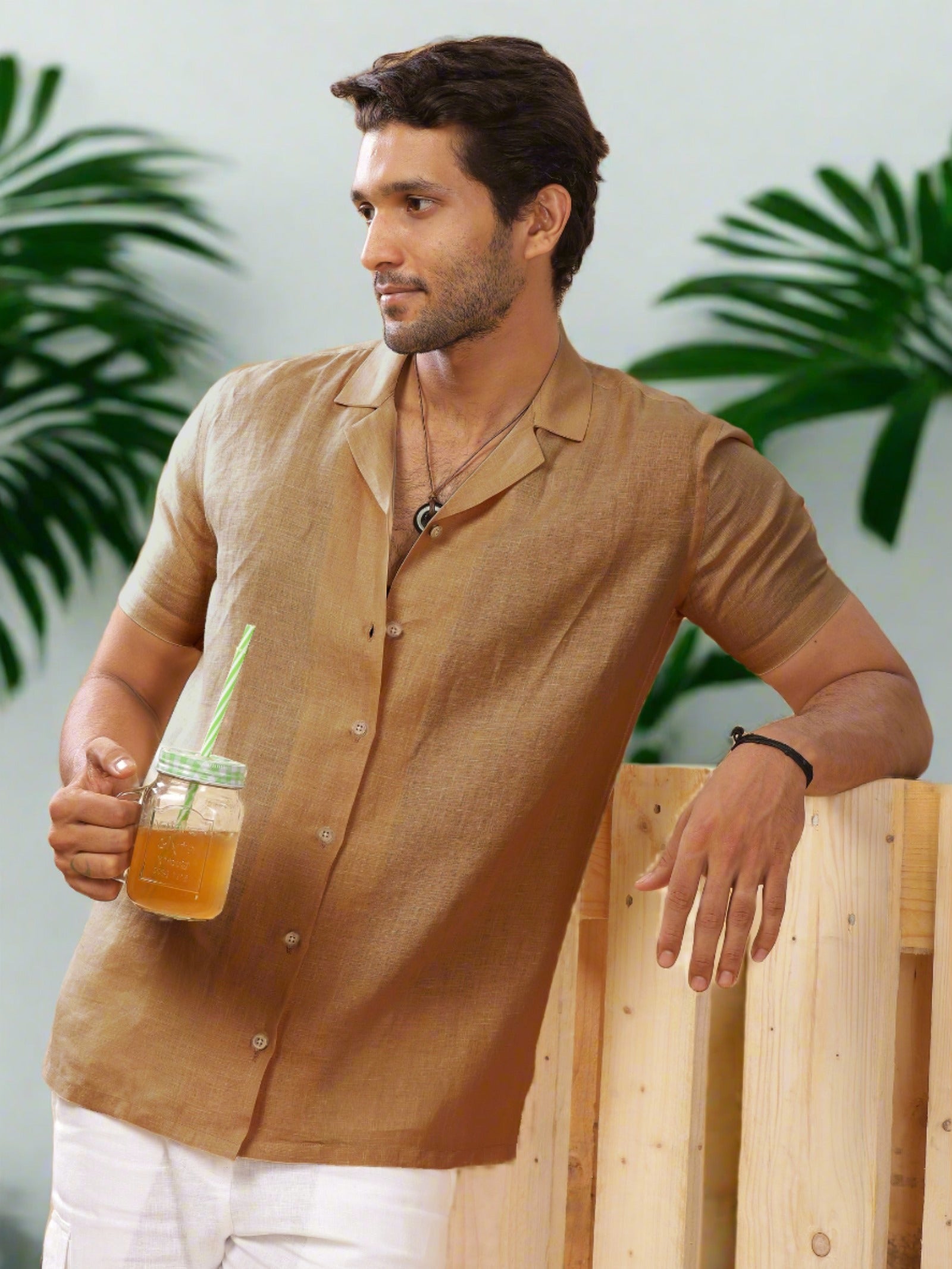 Mustard Brown Cuban Collar Pure Linen Half Sleeve Shirt – Linen Trail