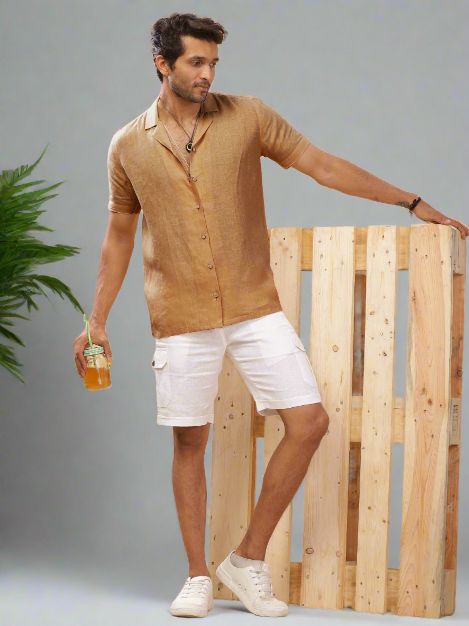 Mustard Brown Cuban Collar Pure Linen Half Sleeve Shirt – Linen Trail