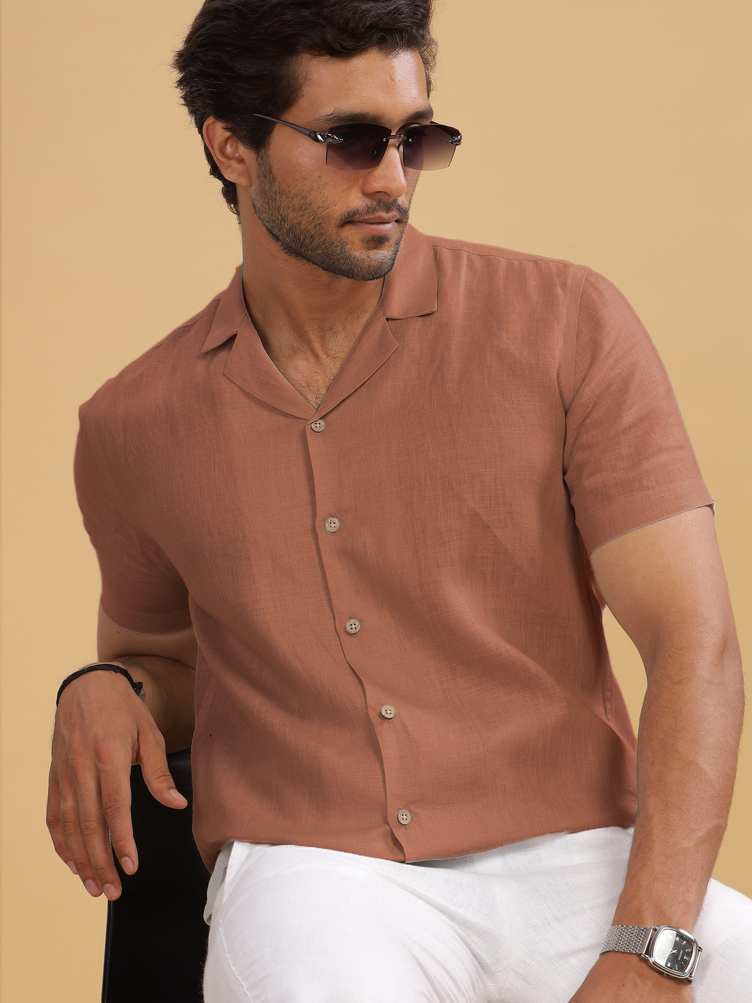 Nathan - Cuban Collar Pure Linen Half Sleeve Shirt -Fondue Pink