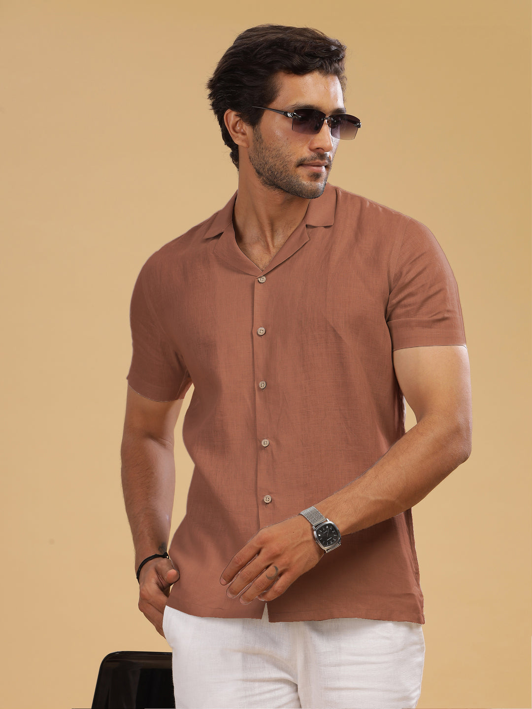 Nathan - Cuban Collar Pure Linen Half Sleeve Shirt -Fondue Pink