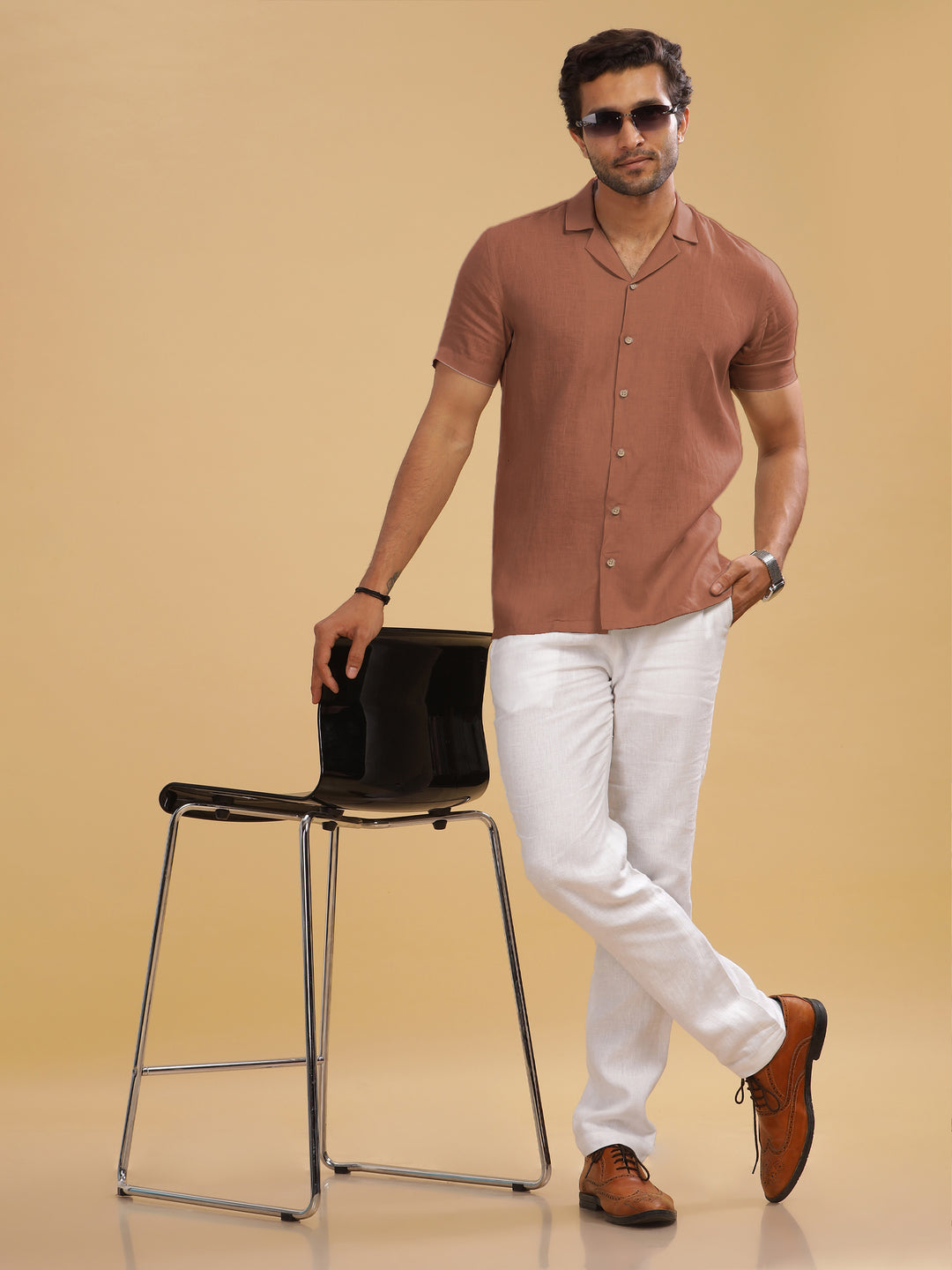 Nathan - Cuban Collar Pure Linen Half Sleeve Shirt -Fondue Pink