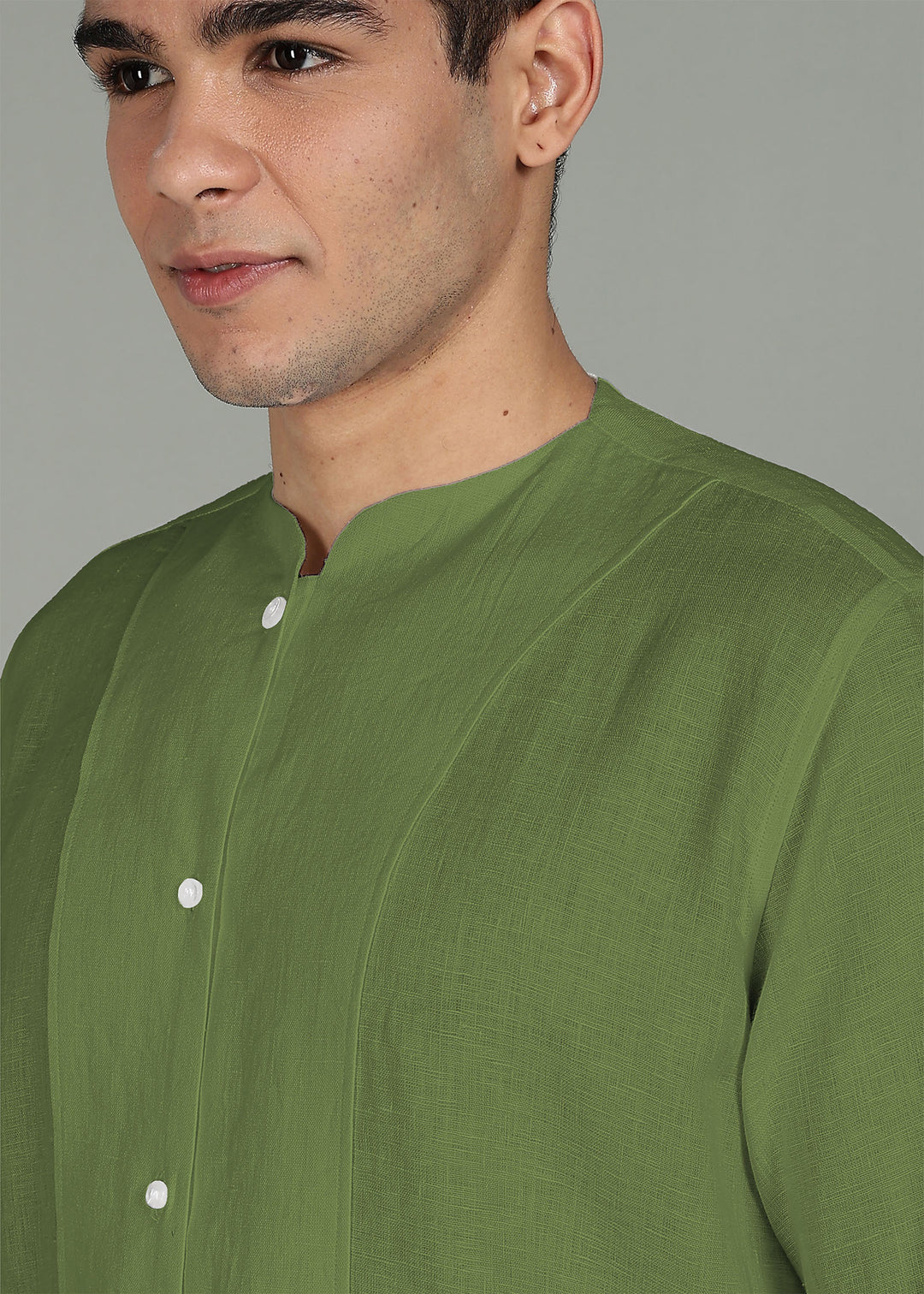 Neev - Full Sleeve Pure Linen Short Kurta - Cossack Green