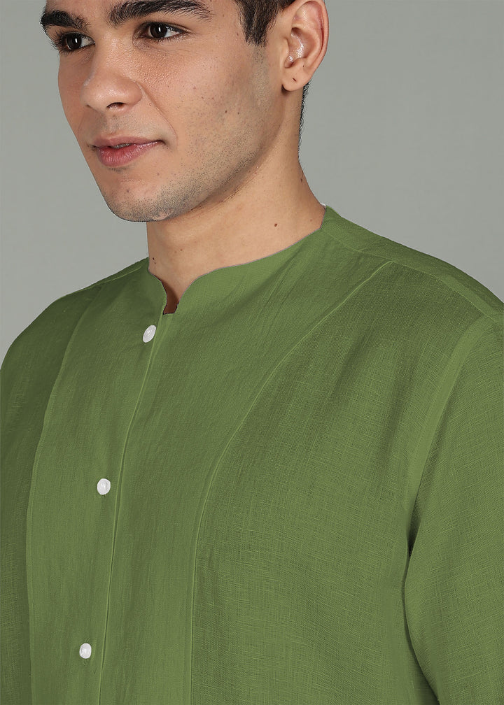 Neev - Full Sleeve Pure Linen Short Kurta - Cossack Green