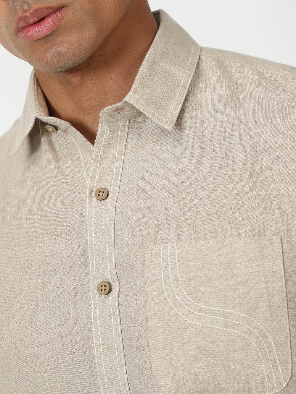 Nicola - Full Sleeve Stitch Detailed Pure Linen Shirt - Dark Ecru