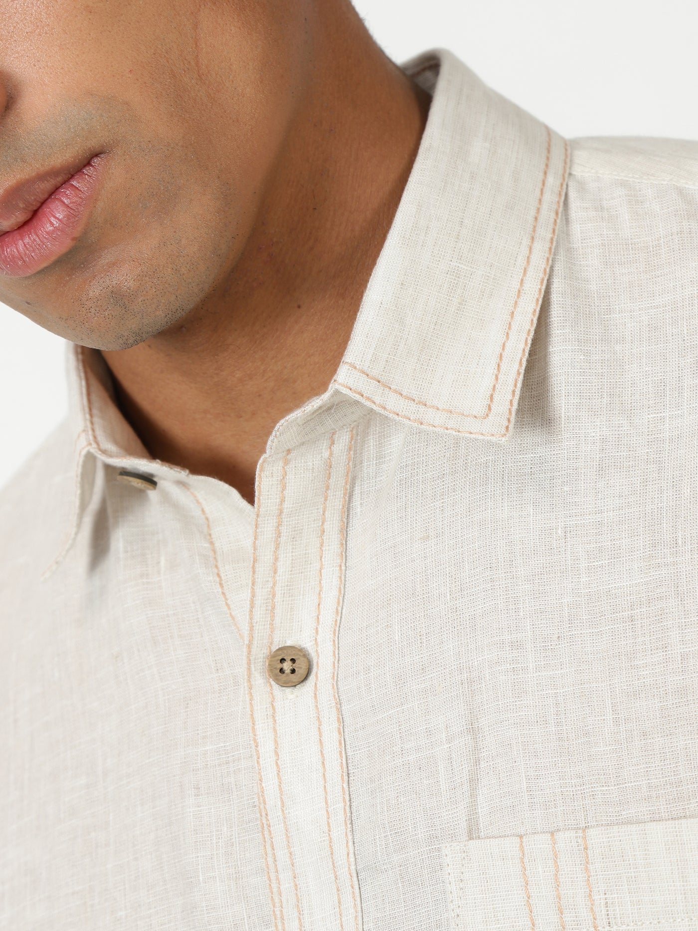 Nicola - Full Sleeve Stitch Detailed Pure Linen Shirt - Light Ecru