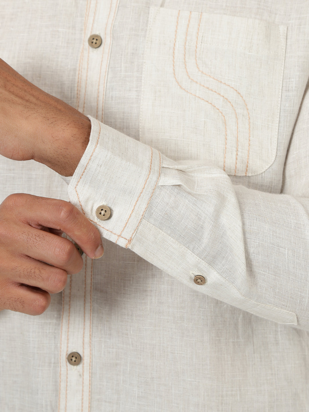 Nicola - Full Sleeve Stitch Detailed Pure Linen Shirt - Light Ecru