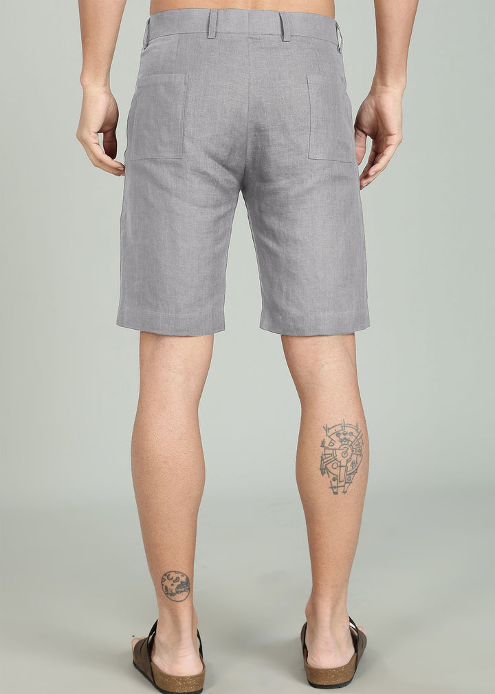 Noel Shorts - Pure Linen Shorts with Patch Pocket - Slate Grey