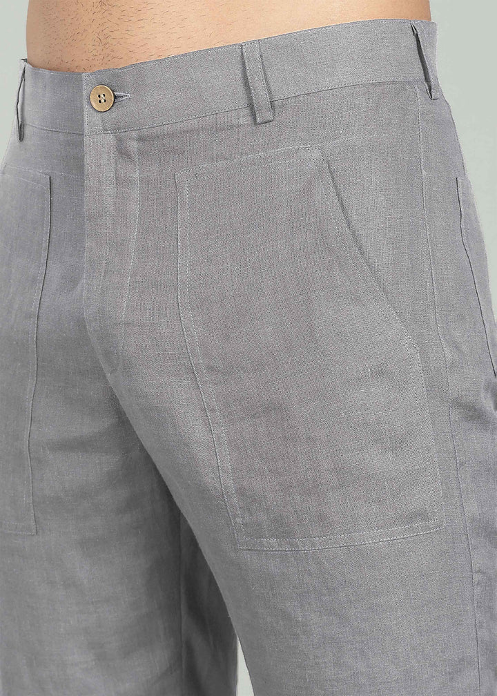 Noel Shorts - Pure Linen Shorts with Patch Pocket - Slate Grey
