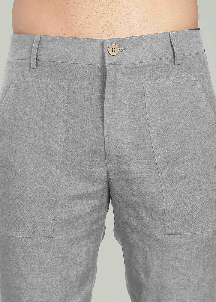 Noel Shorts - Pure Linen Shorts with Patch Pocket - Slate Grey
