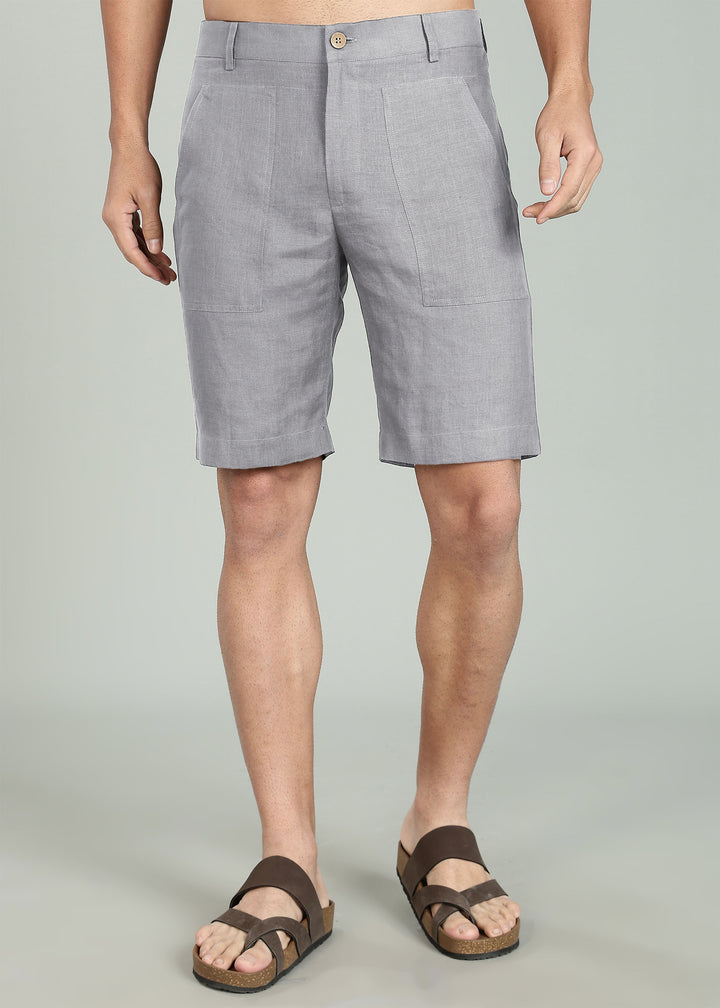 Noel Shorts - Pure Linen Shorts with Patch Pocket - Slate Grey