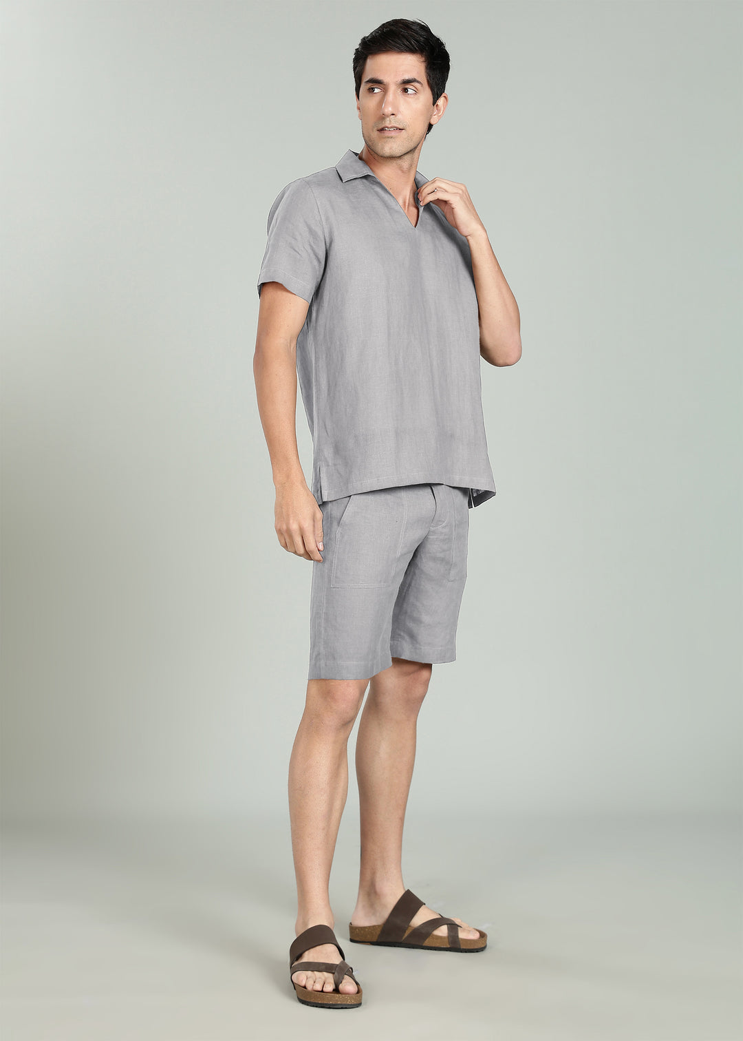 Noel Shorts - Pure Linen Shorts with Patch Pocket - Slate Grey