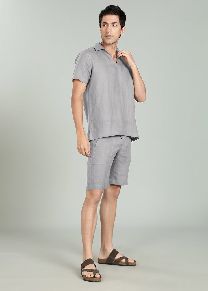 Noel Shorts - Pure Linen Shorts with Patch Pocket - Slate Grey