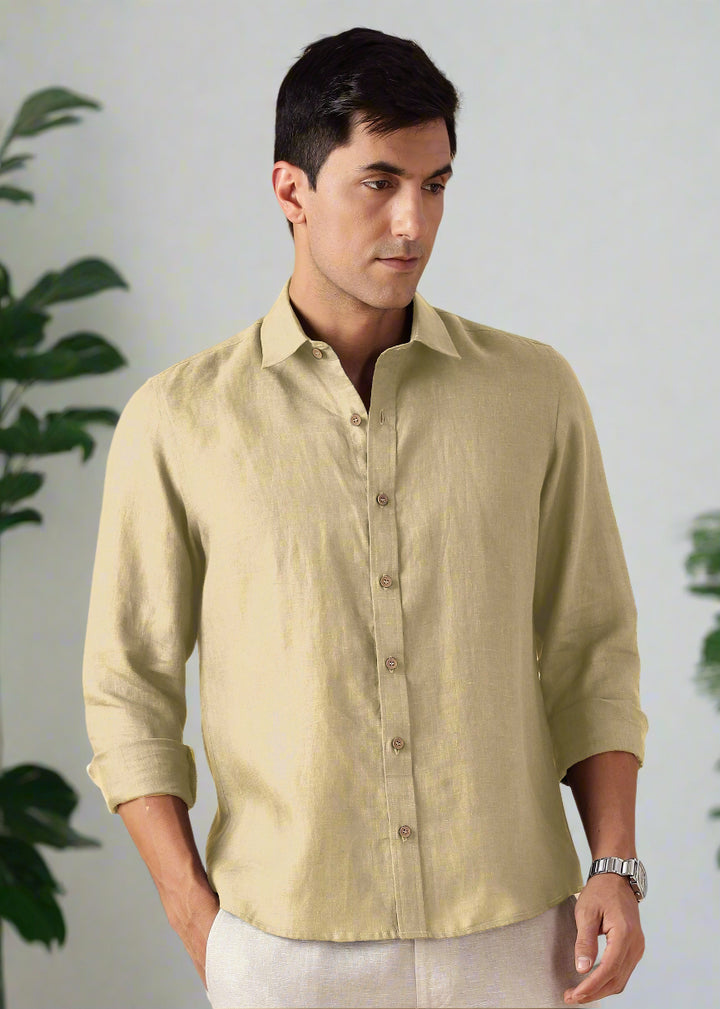 Ron - Pure Linen Full Sleeve Shirt - Oyster Yellow