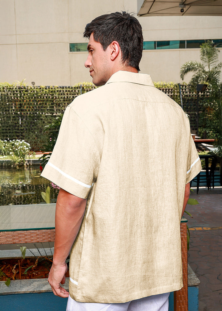 Oasis - Oversized Pure Linen Cuban Collar Short Sleeve Shirt - Light Tea Yellow