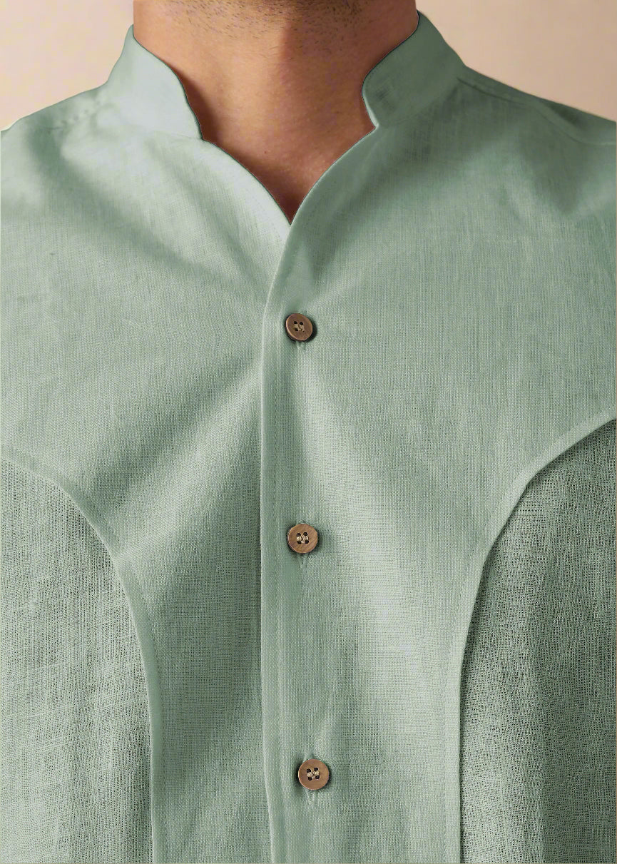Omega 100% Pure Linen Short Sleeve Shirt in Spring Green with Band Collar crafted in 60 LEA