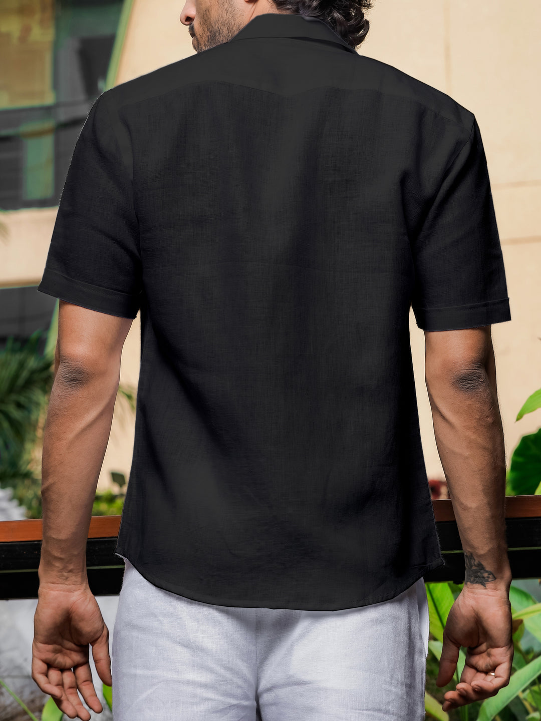 Oversized Pure Linen Cuban Collar Short Sleeve Shirt - Black