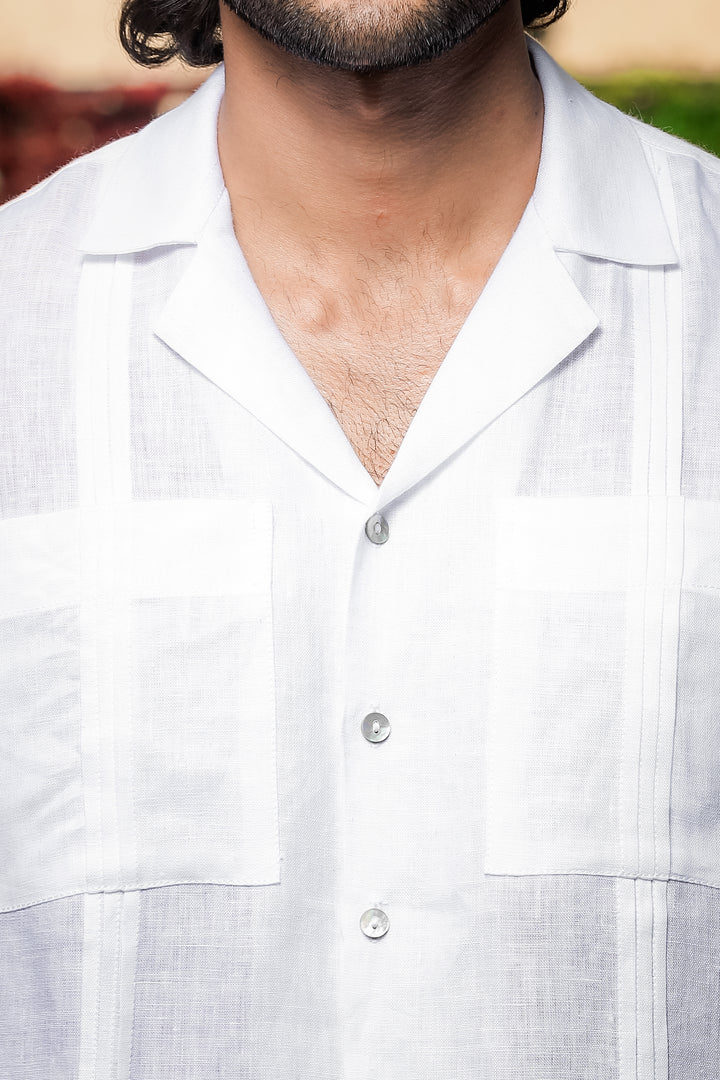 Oversized Pure Linen Cuban Collar Short Sleeve Shirt - White