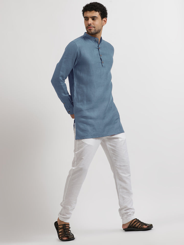 Parker - Full Sleeve Mandarin Collar Pure Linen Short Kurta - Blue Grey