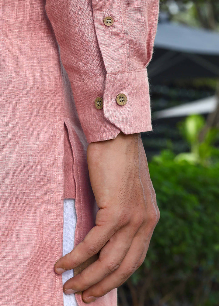 Parker - Full Sleeve Mandarin Collar Pure Linen Kurta - Dusty Pink