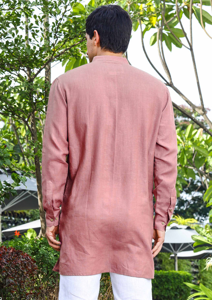 Parker - Full Sleeve Mandarin Collar Pure Linen Kurta - Dusty Pink