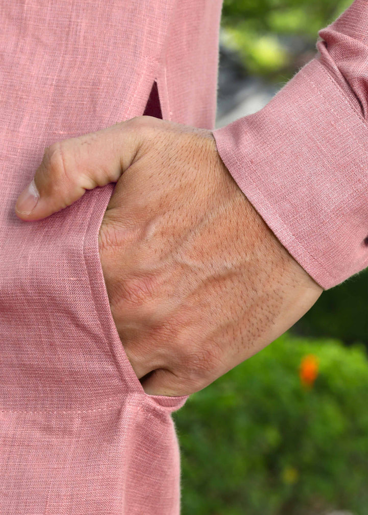Parker - Full Sleeve Mandarin Collar Pure Linen Kurta - Dusty Pink