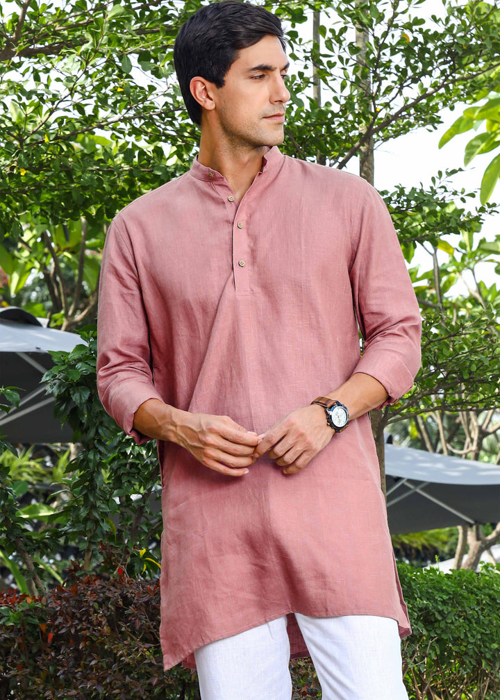 Parker - Full Sleeve Mandarin Collar Pure Linen Kurta - Dusty Pink