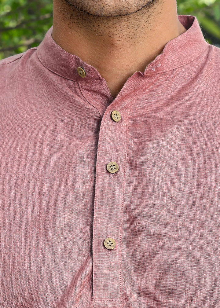 Parker - Full Sleeve Mandarin Collar Pure Linen Kurta - Dusty Pink