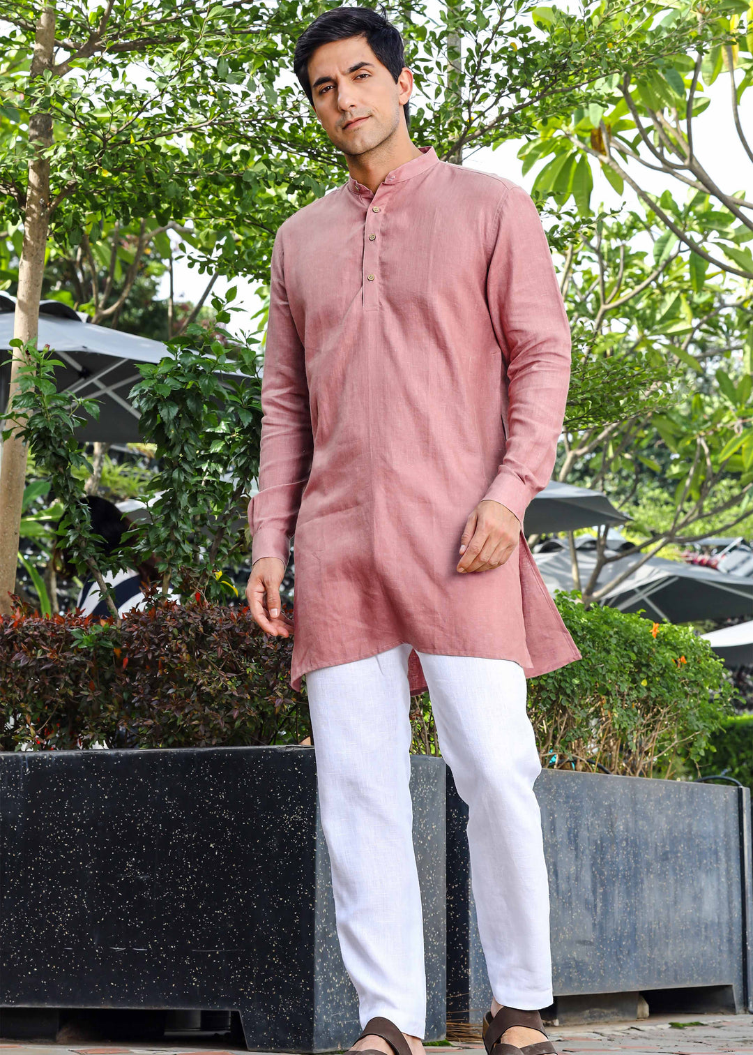 Parker - Full Sleeve Mandarin Collar Pure Linen Kurta - Dusty Pink