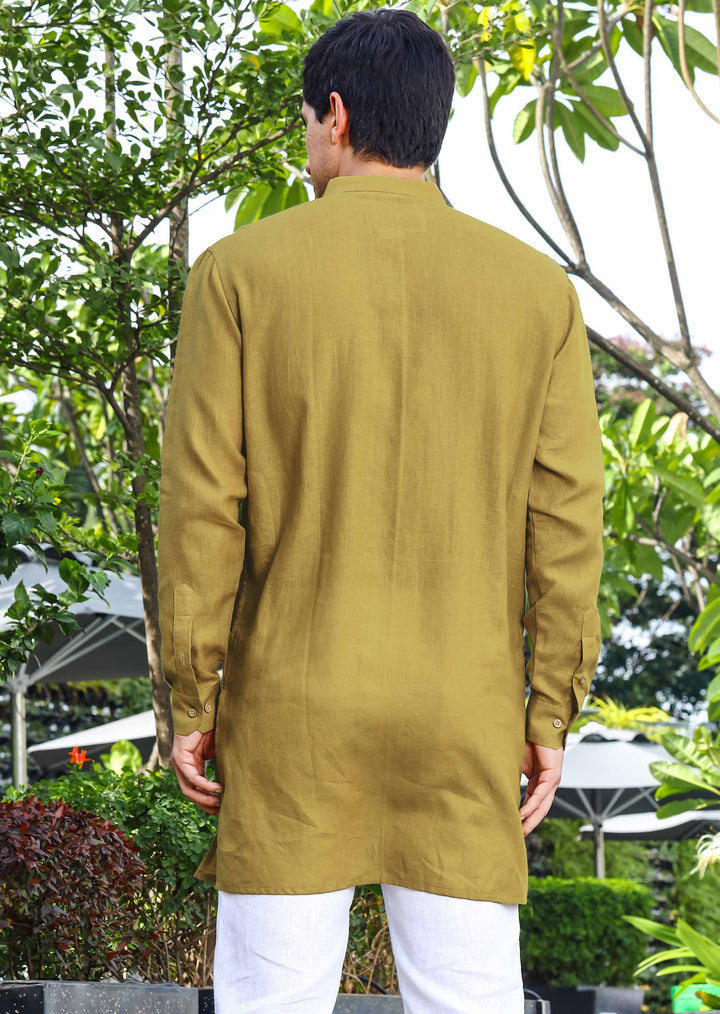 Parker - Full Sleeve Mandarin Collar Pure Linen Kurta - Golden Olive Green