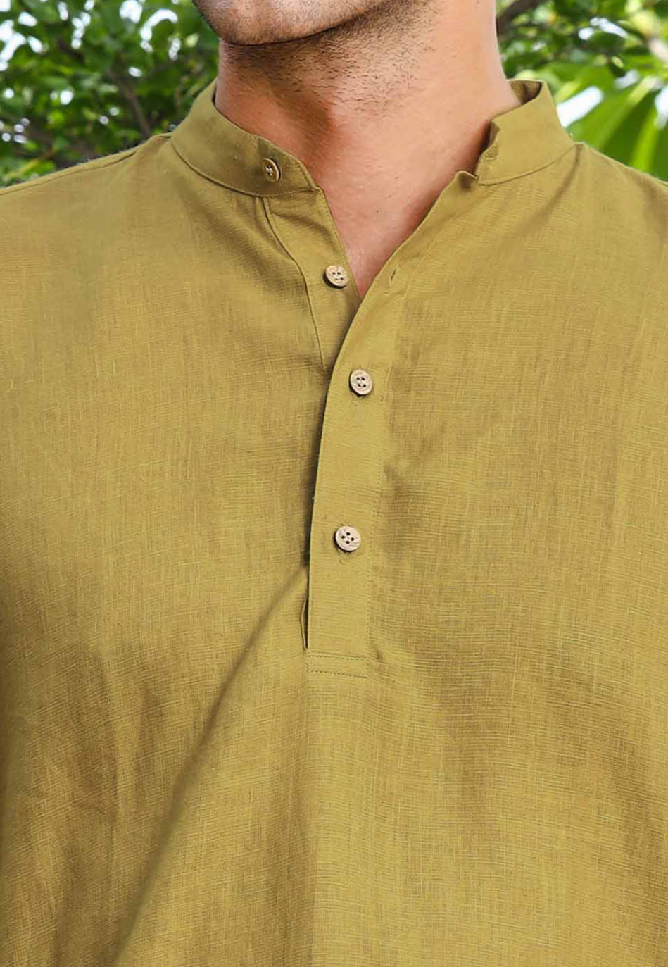 Parker - Full Sleeve Mandarin Collar Pure Linen Kurta - Golden Olive Green