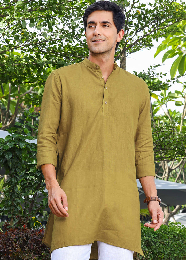 Parker - Full Sleeve Mandarin Collar Pure Linen Kurta - Golden Olive Green